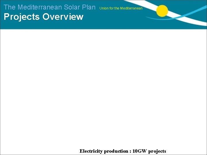 The Mediterranean Solar Plan Union for the Mediterranean Projects Overview Electricity production : 10