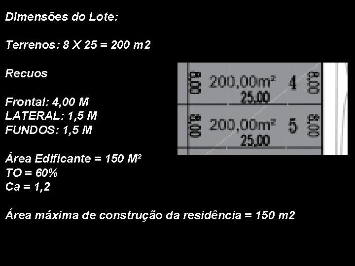 Dimensões do Lote: Terrenos: 8 X 25 = 200 m 2 Recuos Frontal: 4,