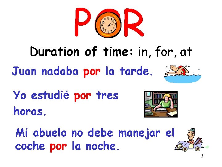 POR Duration of time: in, for, at Juan nadaba por la tarde. Yo estudié