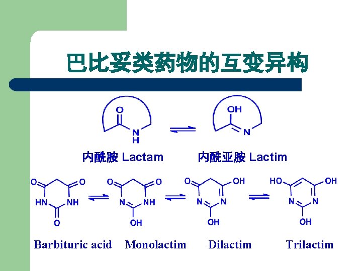 巴比妥类药物的互变异构 内酰胺 Lactam Barbituric acid Monolactim 内酰亚胺 Lactim Dilactim Trilactim 