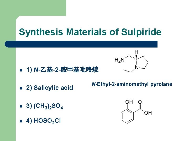 Synthesis Materials of Sulpiride l 1) N-乙基-2 -胺甲基吡咯烷 l 2) Salicylic acid l 3)