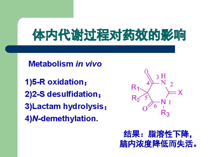 体内代谢过程对药效的影响 Metabolism in vivo 1)5 -R oxidation； 2)2 -S desulfidation； 3)Lactam hydrolysis； 4)N-demethylation. 结果：脂溶性下降，