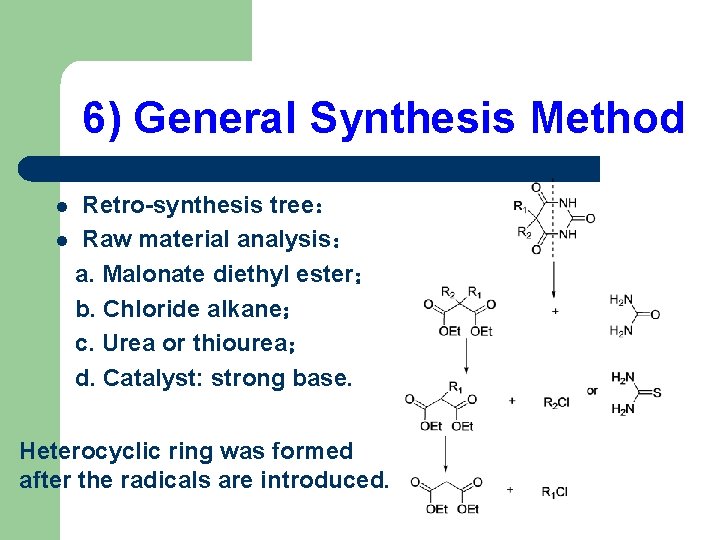 6) General Synthesis Method Retro-synthesis tree： l Raw material analysis： a. Malonate diethyl ester；