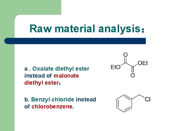 Raw material analysis： a. Oxalate diethyl ester instead of malonate diethyl ester； b. Benzyl