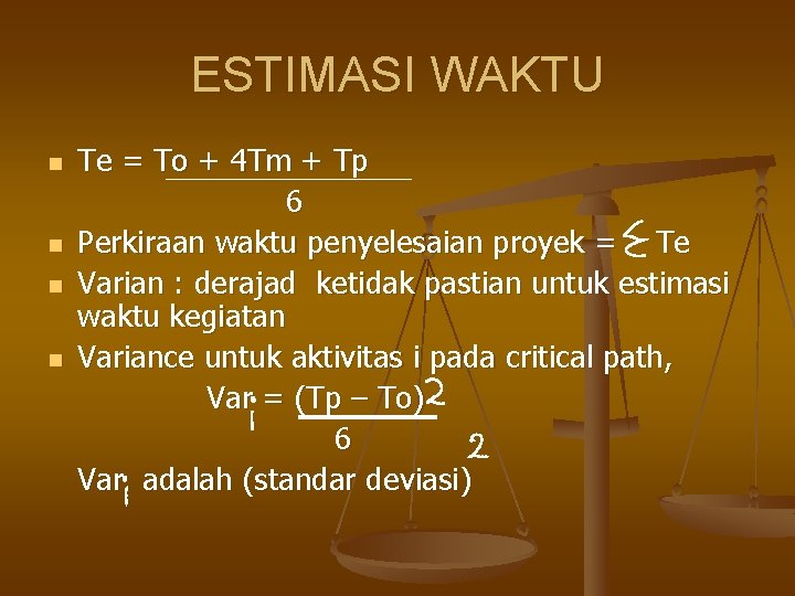 ESTIMASI WAKTU n n Te = To + 4 Tm + Tp 6 Perkiraan