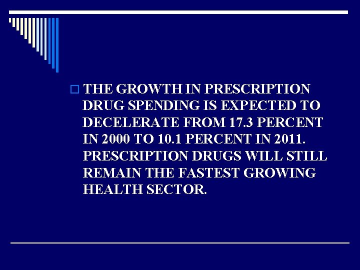 o THE GROWTH IN PRESCRIPTION DRUG SPENDING IS EXPECTED TO DECELERATE FROM 17. 3