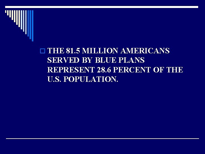 o THE 81. 5 MILLION AMERICANS SERVED BY BLUE PLANS REPRESENT 28. 6 PERCENT