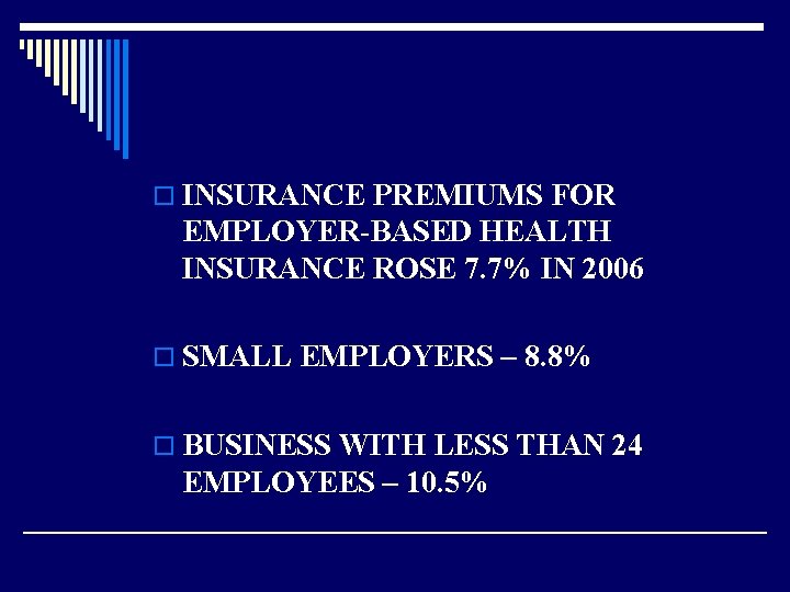 o INSURANCE PREMIUMS FOR EMPLOYER-BASED HEALTH INSURANCE ROSE 7. 7% IN 2006 o SMALL