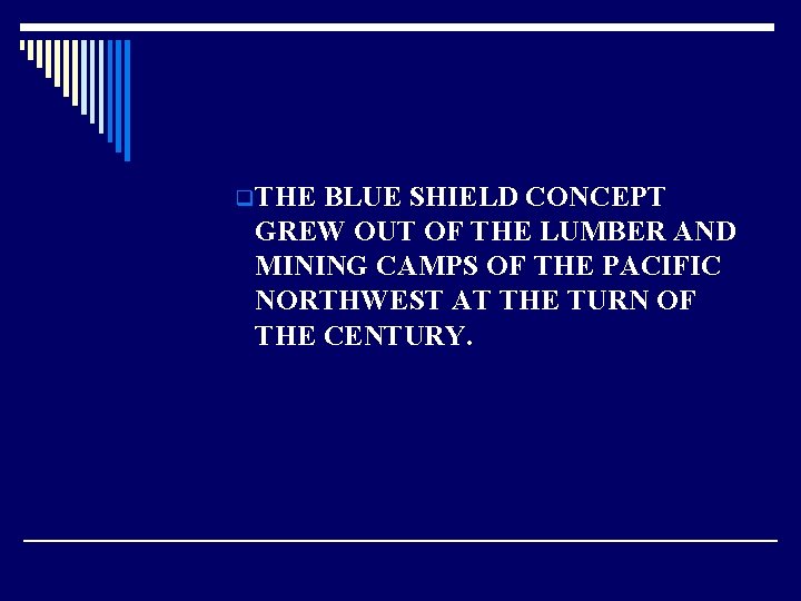 q THE BLUE SHIELD CONCEPT GREW OUT OF THE LUMBER AND MINING CAMPS OF