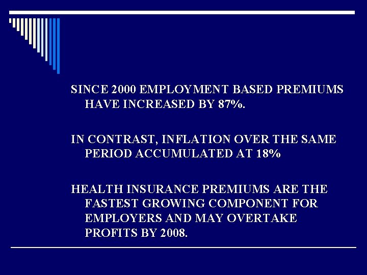 SINCE 2000 EMPLOYMENT BASED PREMIUMS HAVE INCREASED BY 87%. IN CONTRAST, INFLATION OVER THE