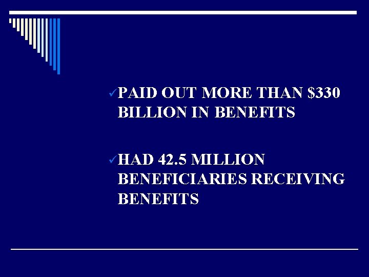 üPAID OUT MORE THAN $330 BILLION IN BENEFITS üHAD 42. 5 MILLION BENEFICIARIES RECEIVING