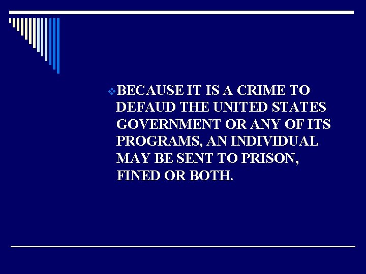 v. BECAUSE IT IS A CRIME TO DEFAUD THE UNITED STATES GOVERNMENT OR ANY