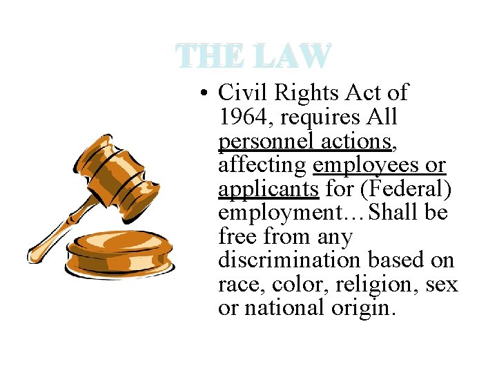 THE LAW • Civil Rights Act of 1964, requires All personnel actions, affecting employees THE LAW • Civil Rights Act of 1964, requires All personnel actions, affecting employees