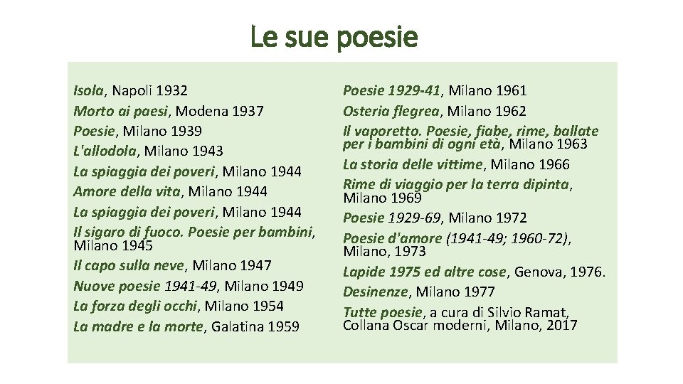 Le sue poesie Isola, Napoli 1932 Morto ai paesi, Modena 1937 Poesie, Milano 1939