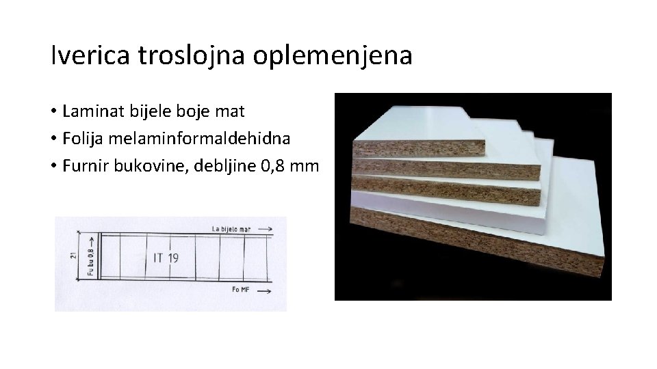 Iverica troslojna oplemenjena • Laminat bijele boje mat • Folija melaminformaldehidna • Furnir bukovine, Iverica troslojna oplemenjena • Laminat bijele boje mat • Folija melaminformaldehidna • Furnir bukovine,