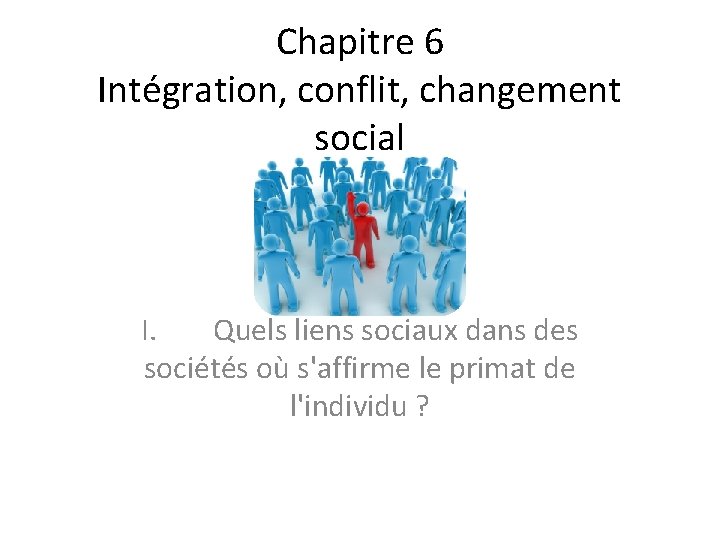 Chapitre 6 Intégration, conflit, changement social I. Quels liens sociaux dans des sociétés où