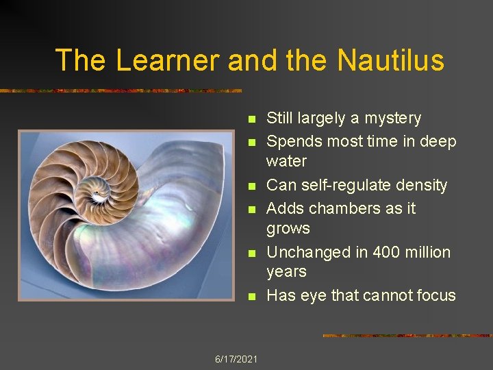 The Learner and the Nautilus n n n 6/17/2021 Still largely a mystery Spends