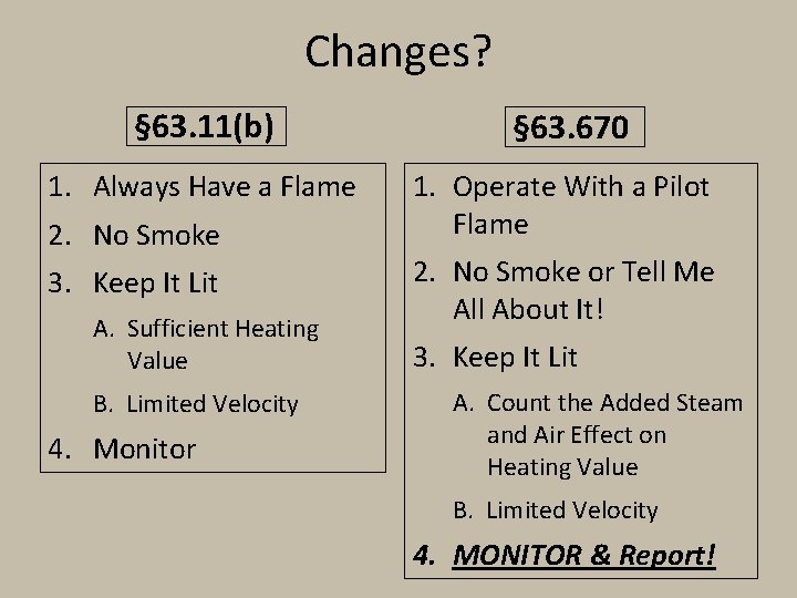 Changes? § 63. 11(b) 1. Always Have a Flame 2. No Smoke 3. Keep