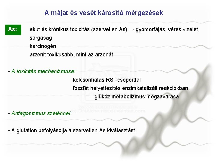 A májat és vesét károsító mérgezések As: akut és krónikus toxicitás (szervetlen As) →