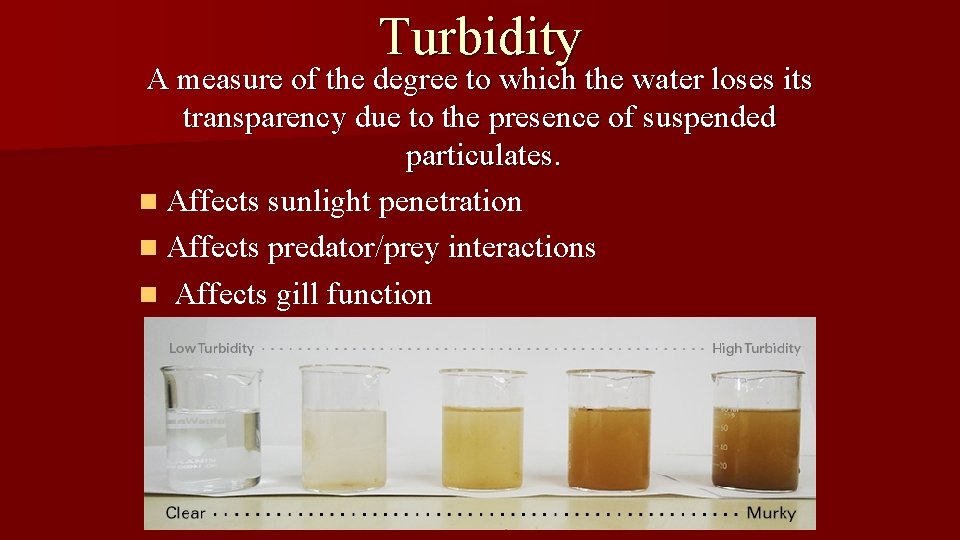 Turbidity A measure of the degree to which the water loses its transparency due