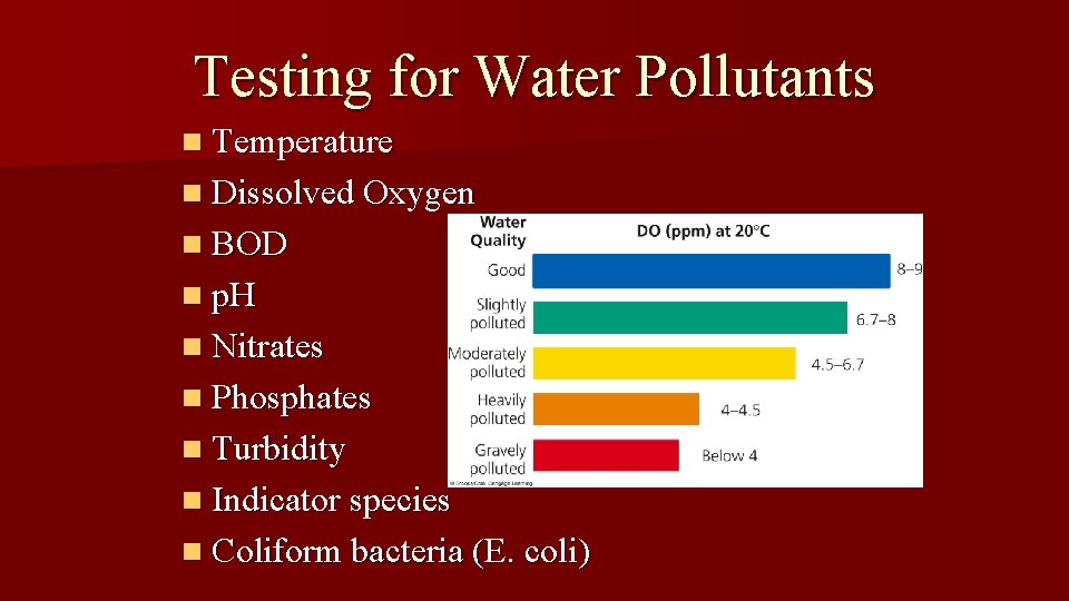 Testing for Water Pollutants n Temperature n Dissolved Oxygen n BOD n p. H