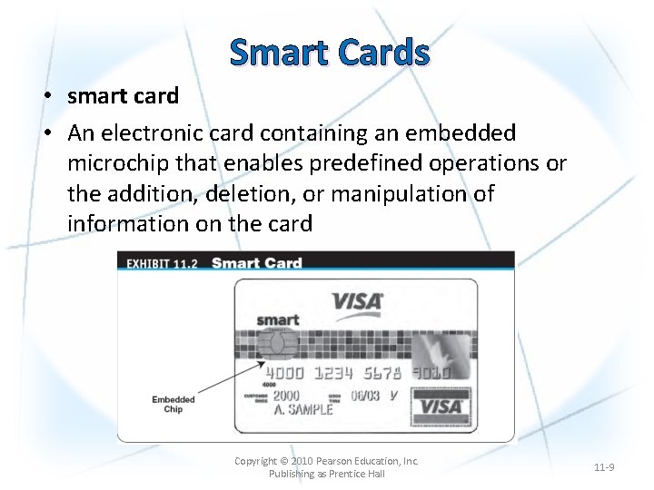 Smart Cards • smart card • An electronic card containing an embedded microchip that