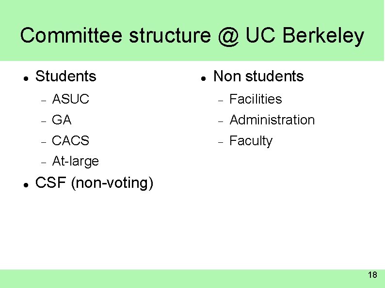Committee structure @ UC Berkeley Students Non students ASUC Facilities GA Administration CACS Faculty