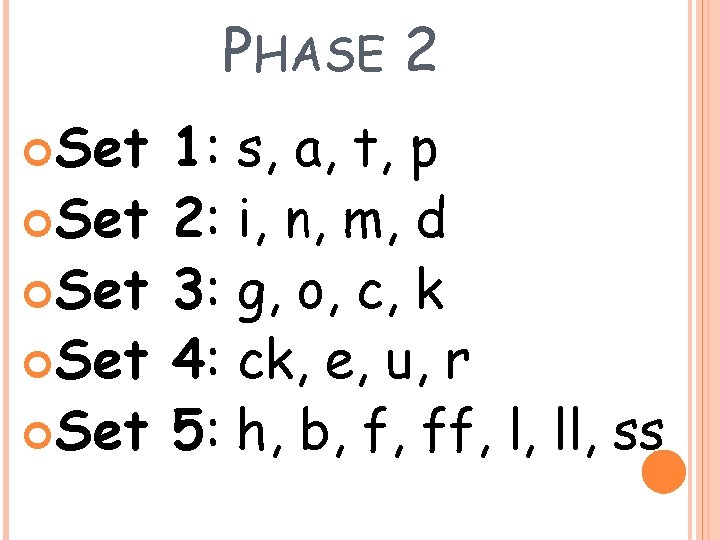 PHASE 2 Set Set Set 1: s, a, t, p 2: i, n, m,