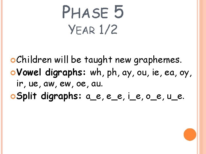 PHASE 5 YEAR 1/2 Children will be taught new graphemes. Vowel digraphs: wh, ph,