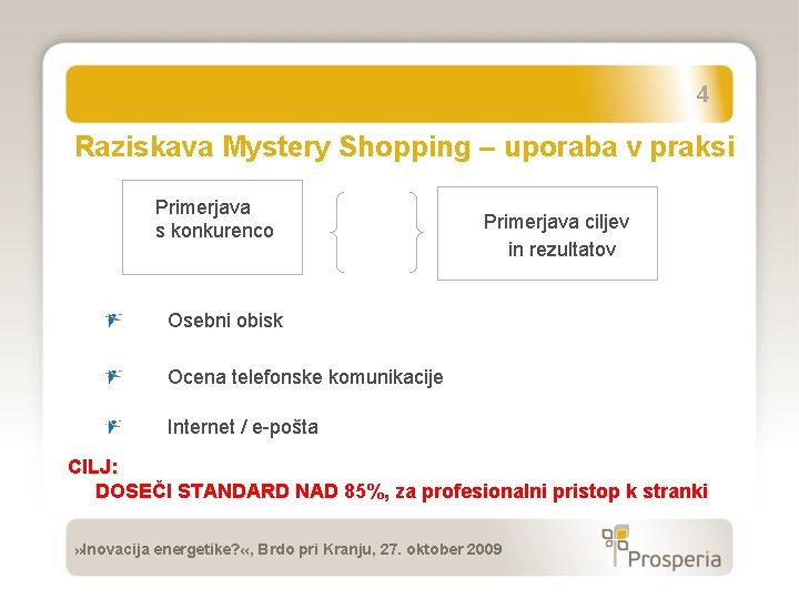 4 Raziskava Mystery Shopping – uporaba v praksi Primerjava s konkurenco Primerjava ciljev in