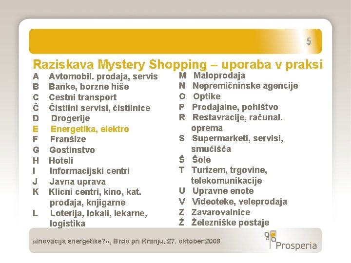 5 Raziskava Mystery Shopping – uporaba v praksi A B C Č D E