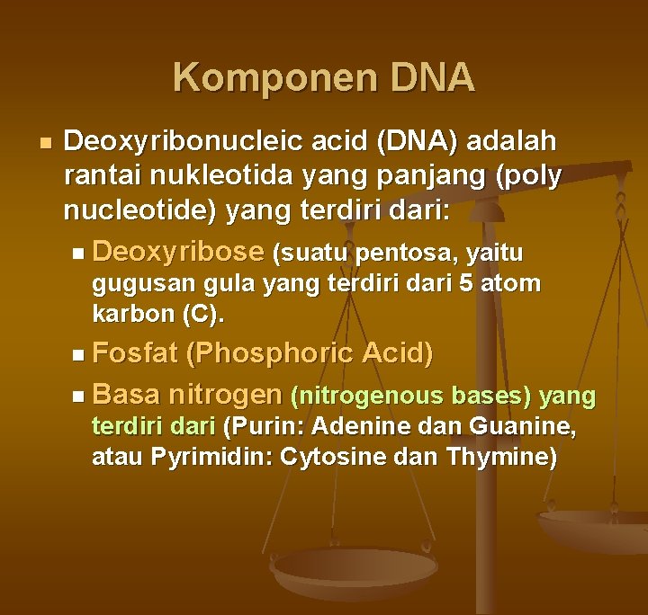 Komponen DNA n Deoxyribonucleic acid (DNA) adalah rantai nukleotida yang panjang (poly nucleotide) yang