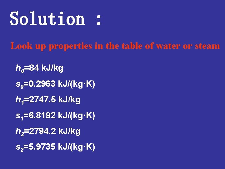 Solution : Look up properties in the table of water or steam h 0=84