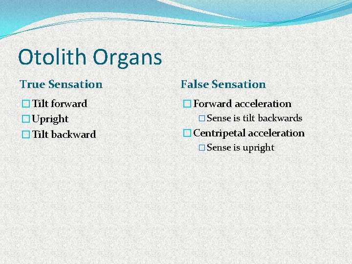 Otolith Organs True Sensation False Sensation �Tilt forward �Upright �Tilt backward �Forward acceleration �
