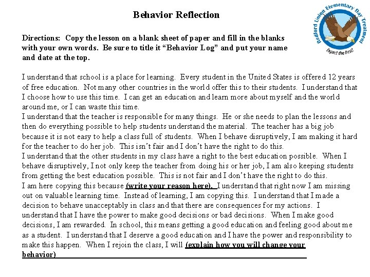 Behavior Reflection Directions: Copy the lesson on a blank sheet of paper and fill