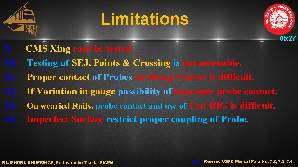Limitations 05: 27 9. CMS Xing cant be tested. 10. Testing of SEJ, Points