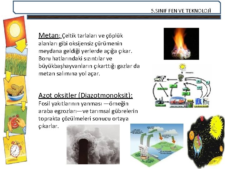 5. SINIF FEN VE TEKNOLOJİ Metan: Çeltik tarlaları ve çöplük alanları gibi oksijensiz çürümenin
