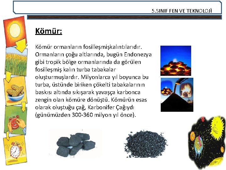 5. SINIF FEN VE TEKNOLOJİ Kömür: Kömür ormanların fosilleşmişkalıntılarıdır. Ormanların çoğu altlarında, bugün Endonezya