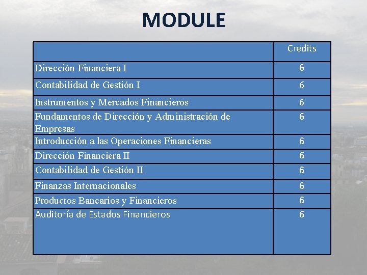 MODULE Credits Dirección Financiera I 6 Contabilidad de Gestión I 6 Instrumentos y Mercados