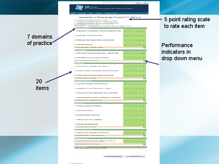 5 point rating scale to rate each item 7 domains of practice 20 items