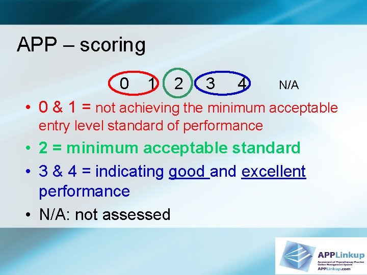 APP – scoring 0 1 2 3 4 N/A • 0 & 1 =