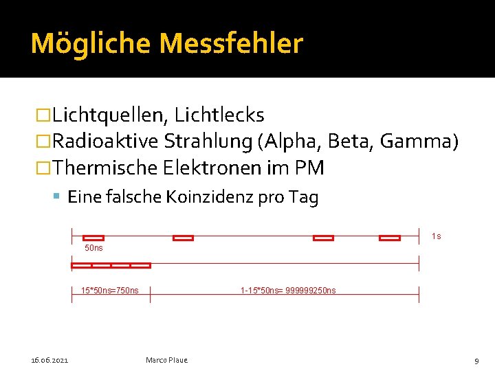 Mögliche Messfehler �Lichtquellen, Lichtlecks �Radioaktive Strahlung (Alpha, Beta, Gamma) �Thermische Elektronen im PM Eine