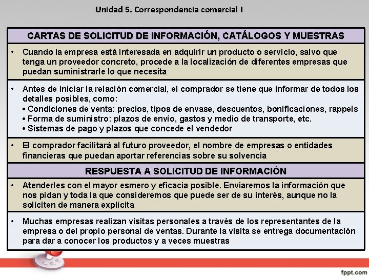 Unidad 5. Correspondencia comercial I CARTAS DE SOLICITUD DE INFORMACIÓN, CATÁLOGOS Y MUESTRAS •