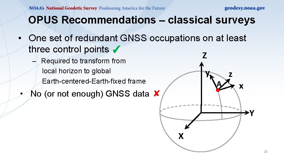OPUS Recommendations – classical surveys • One set of redundant GNSS occupations on at