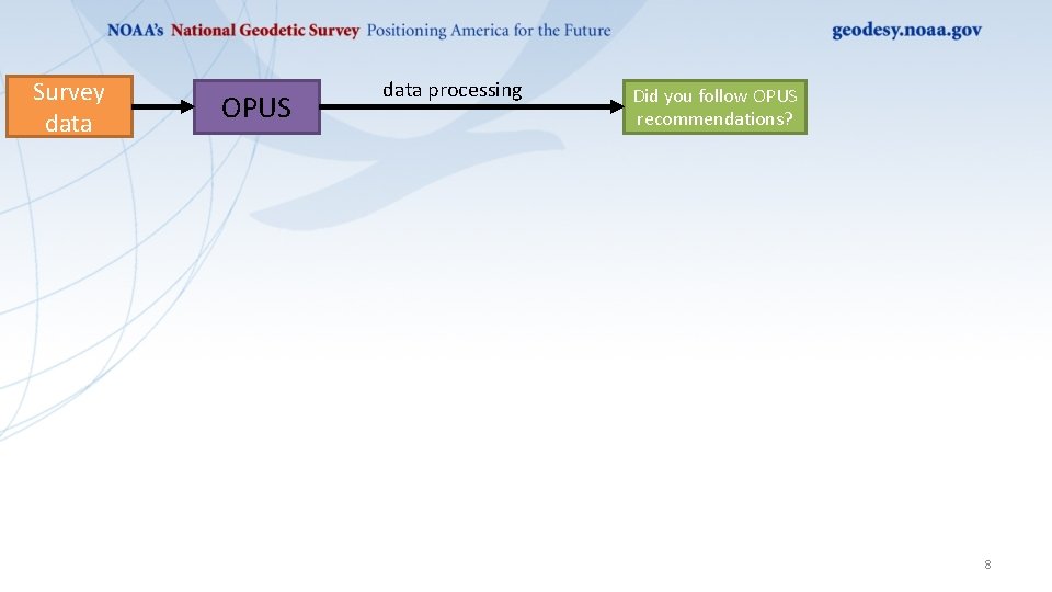 Survey data OPUS data processing Did you follow OPUS recommendations? 8 