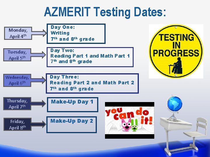 AZMERIT Testing Dates: Monday, April 4 th Day One: Writing 7 th and 8