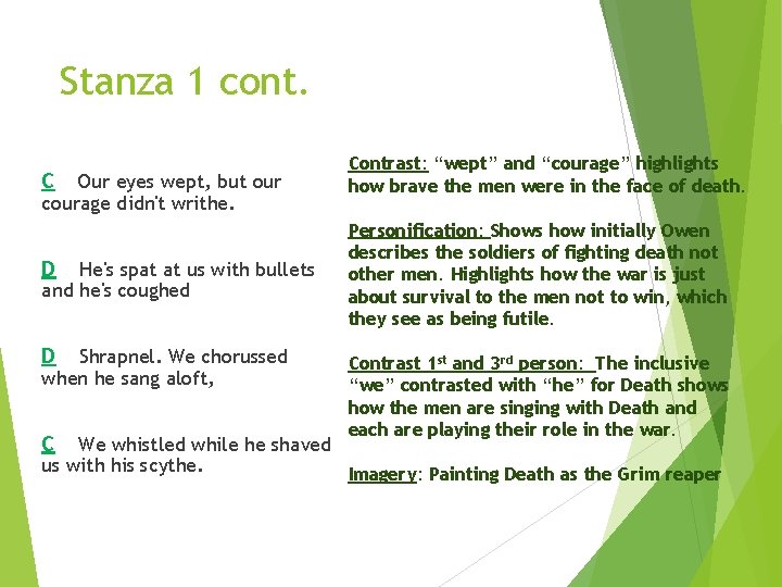 Stanza 1 cont. C Contrast: “wept” and “courage” highlights how brave the men were