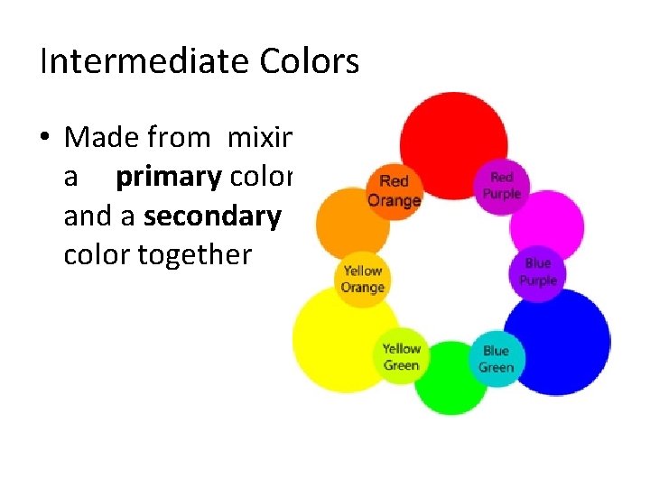 Intermediate Colors • Made from mixing a primary color and a secondary color together