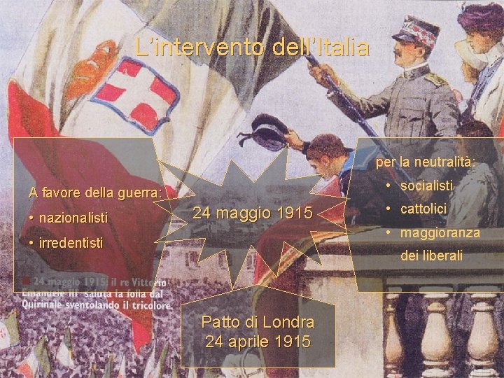 L’intervento dell’Italia per la neutralità: • socialisti A favore della guerra: • nazionalisti 24