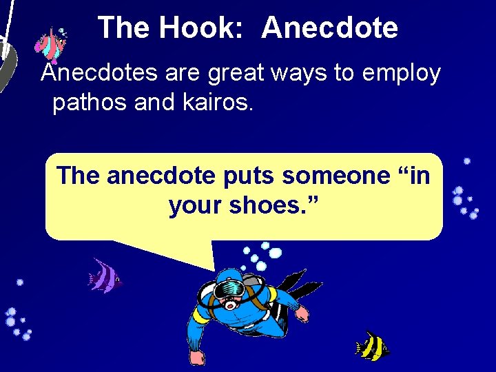 The Hook: Anecdotes are great ways to employ pathos and kairos. The anecdote puts